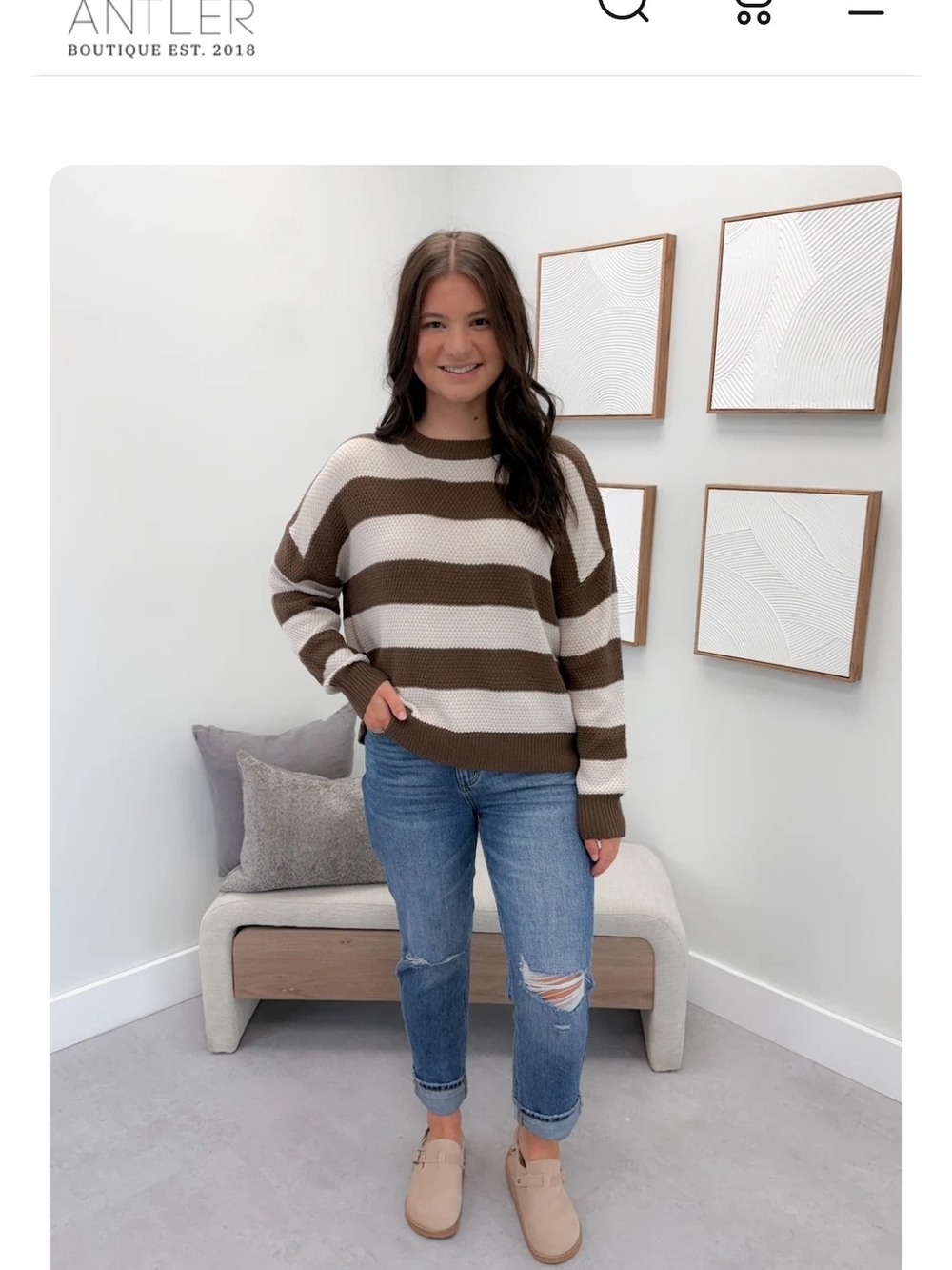 Zenana Outfitters Brown and Cream Striped Crewneck Sweater